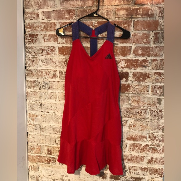Adidas NWT “Primeblue” Red Tennis Dress with Sparkly Purple Straps, Size Large - Picture 3 of 7